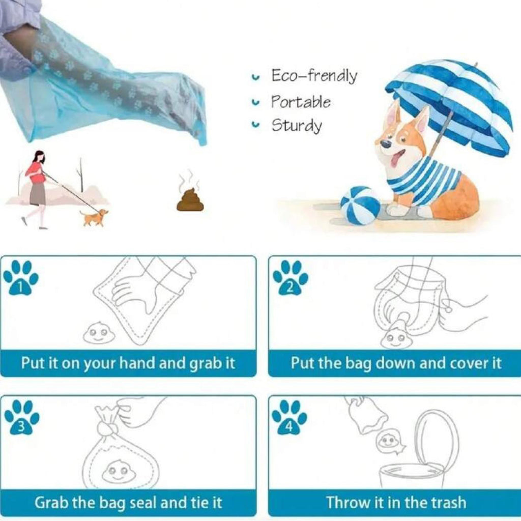 Illustrated guide for using eco-friendly dog waste bags, with dog and pet cleanup steps.