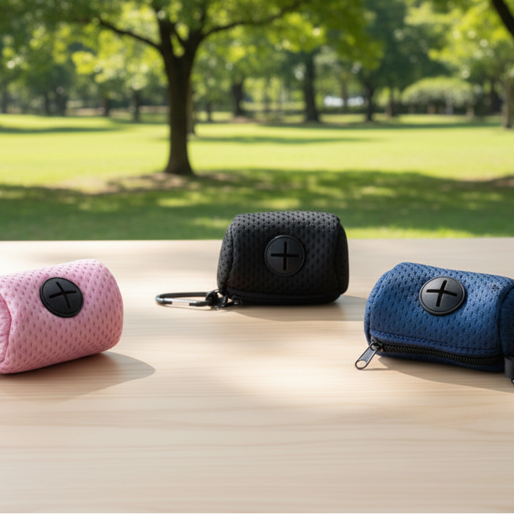 Assorted mesh pet waste bag holders in pink, black, and blue on a wooden table outdoors.
