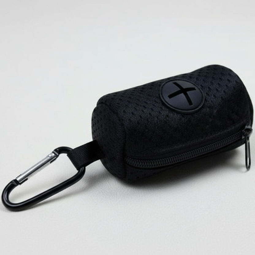 Black mesh dog waste bag holder with zipper and carabiner clip, pet accessory
