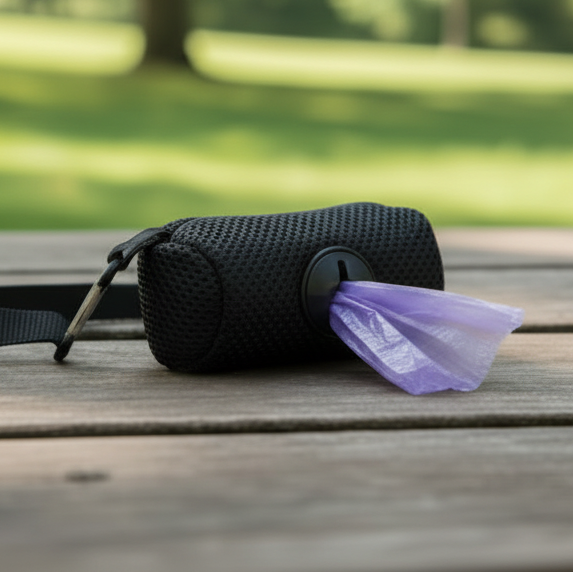 Black mesh pet waste bag dispenser with purple bags on a park bench outdoors