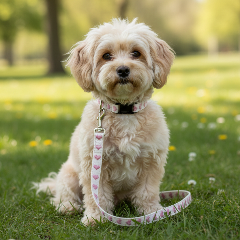 Small fluffy dog wearing pink heart-patterned collar and leash on grass in park