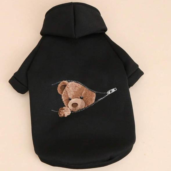 Black pet hoodie with cute teddy bear and zipper design for small dogs or cats