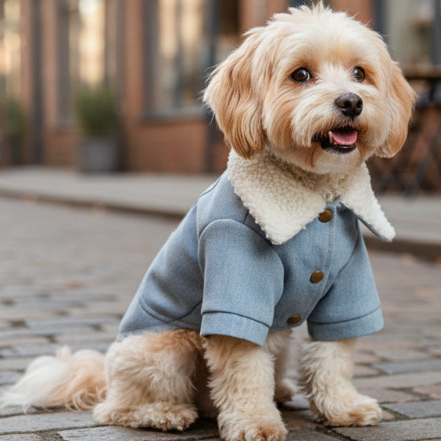 Small dog wearing a stylish blue pet coat with faux fur collar on a cobblestone street