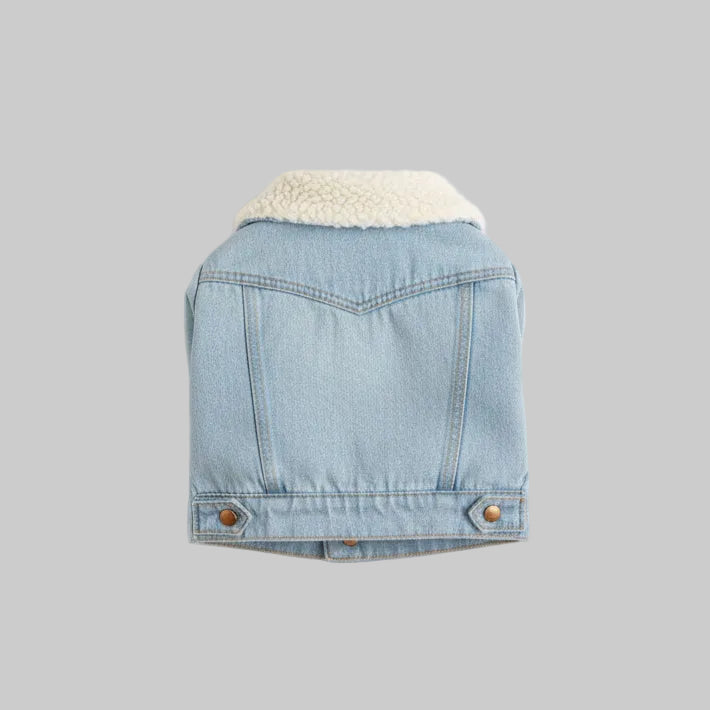 Light blue denim pet jacket with faux shearling collar on plain grey background