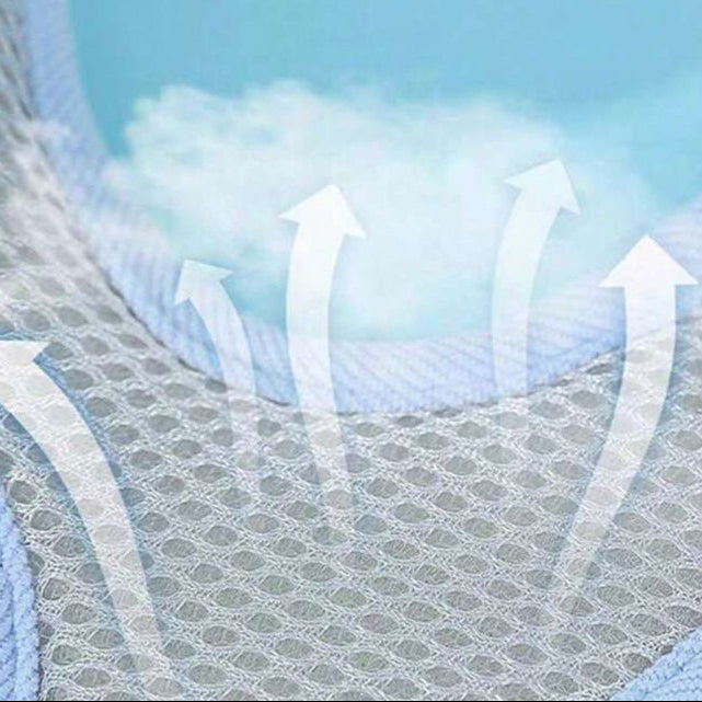 Breathable pet mesh fabric with airflow arrows, ideal for cooling pet accessories