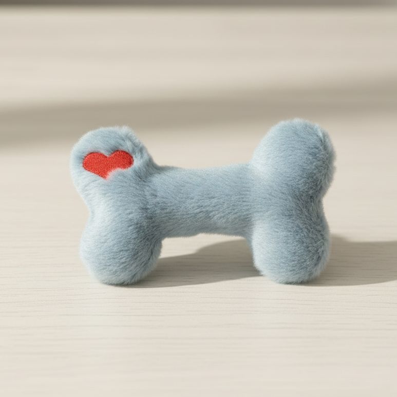Plush blue bone-shaped dog toy with red heart on light wood surface