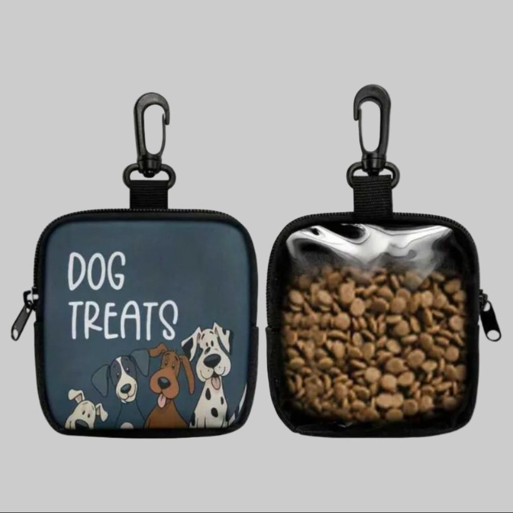 Dog treat pouch with cartoon dog design and clear window showing pet snacks