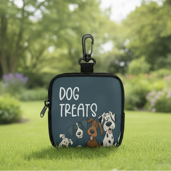 Dog treats pouch with cartoon dogs, outdoor setting, pet accessories bag