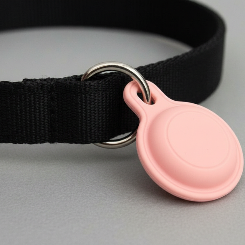 Black pet collar with metal ring and pink silicone tag on a gray background