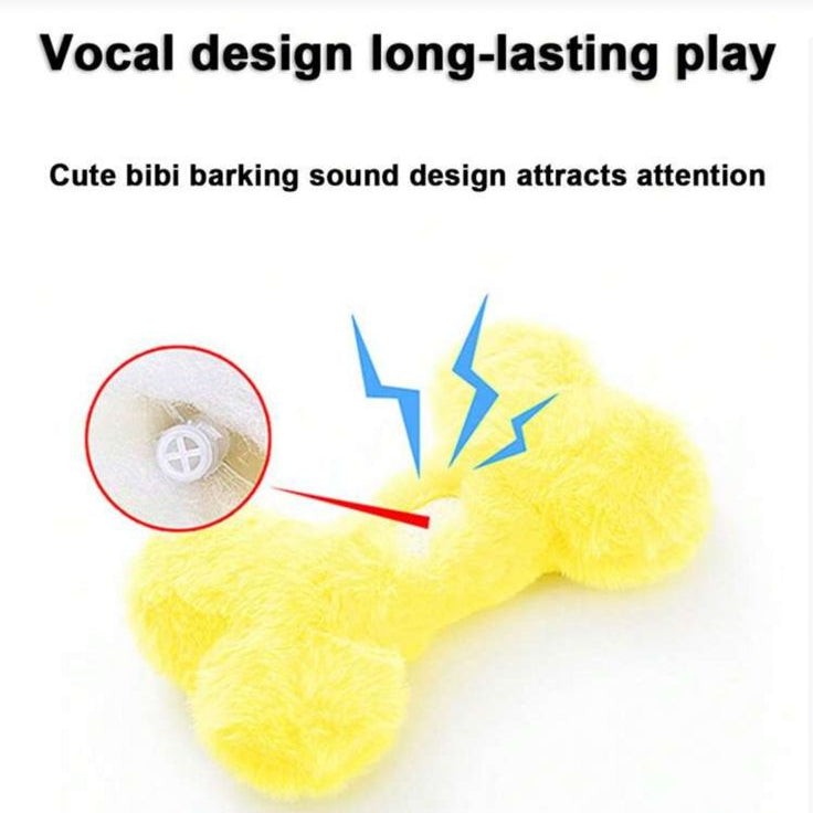 Yellow plush bone-shaped dog toy with built-in squeaker and sound feature for pets