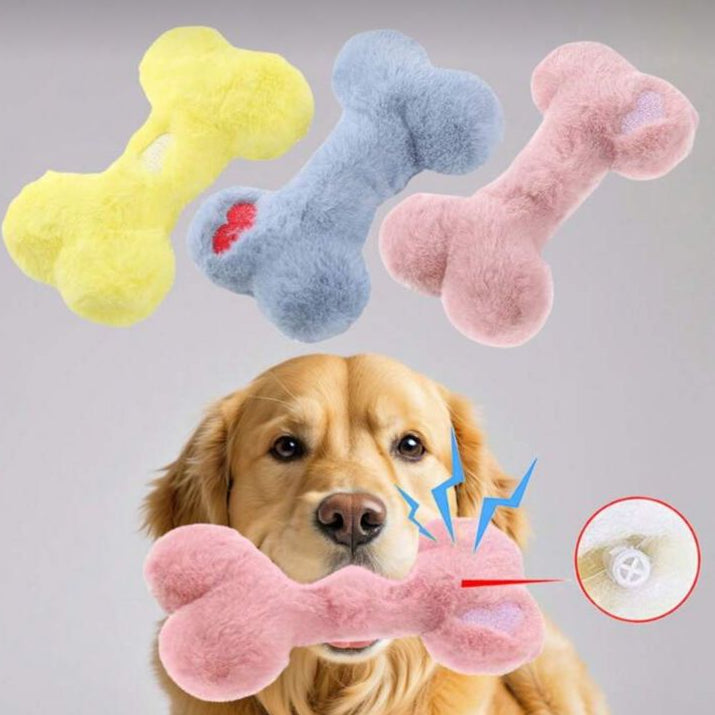 Golden retriever with plush bone dog toy, squeaky pet toys in yellow, blue, pink colors