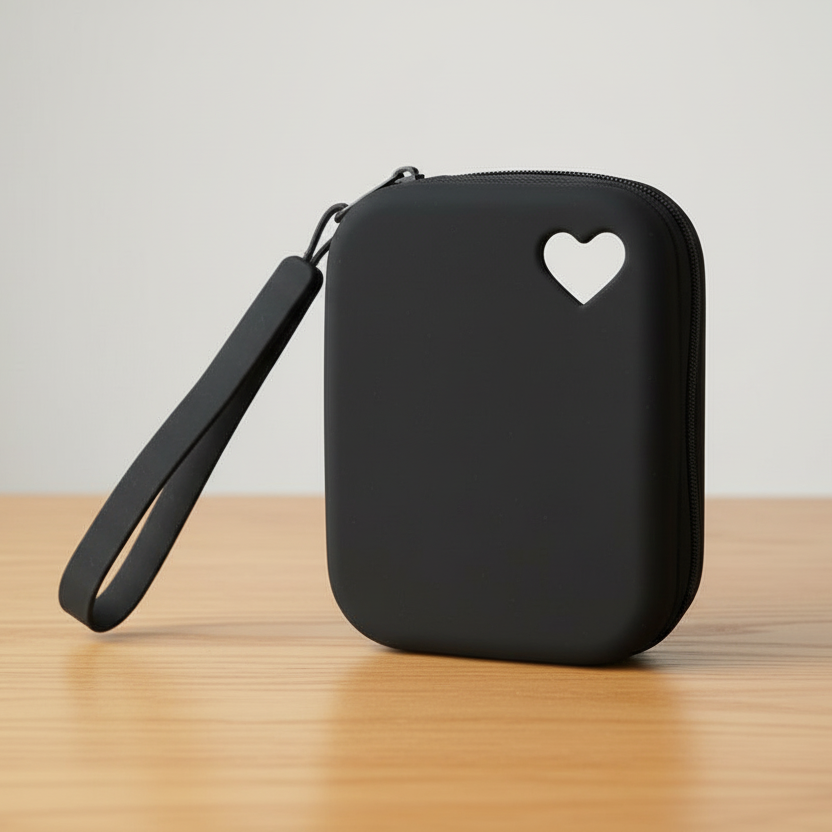 Black zippered carrying case with wrist strap and heart-shaped cutout on wooden table
