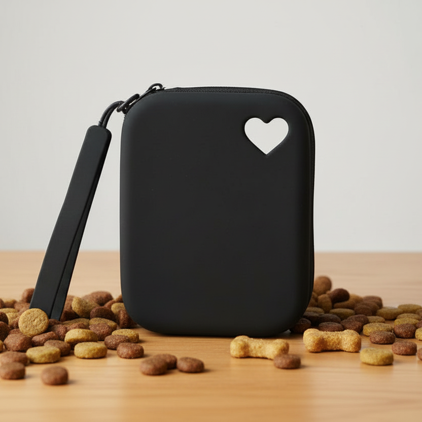 Black pet treat pouch with heart cutout surrounded by dog biscuits on wooden table