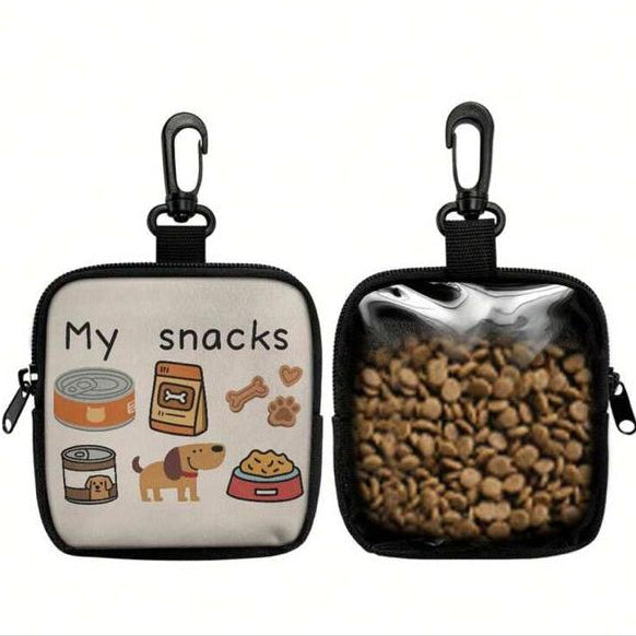 Pet treat pouch with dog food illustration and transparent kibble holder, clip-on design