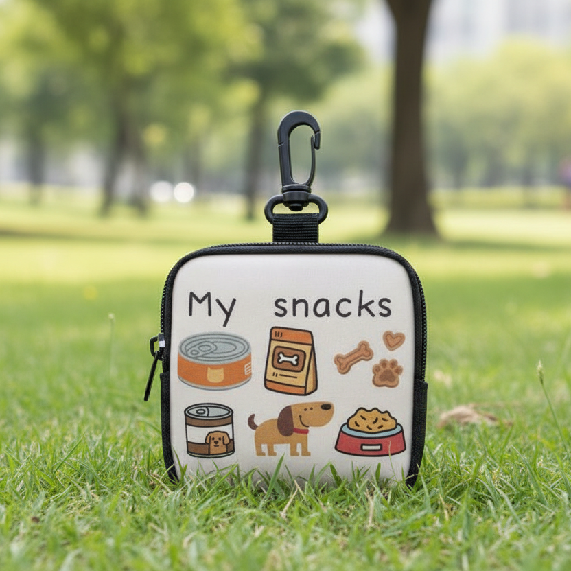 Pet snack bag with cute dog illustrations and food icons on grass in a park