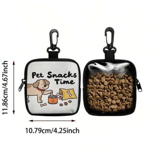 Square portable pet treat pouch with cartoon dog, clear window, and carabiner clip, 4.25x4.67 inches.