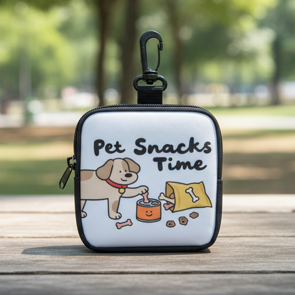 Pet snack pouch with cartoon dog and treats, clip-on case on outdoor table