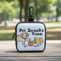 Pet snack pouch with cartoon dog and treats, clip-on case on outdoor table