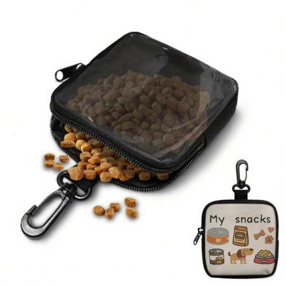 Square pet treat pouch with zipper, clip, and 'My snacks' illustration, filled with kibble.