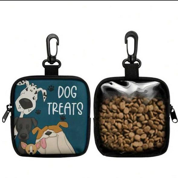Dog treat pouch with cartoon dog design and transparent window filled with treats