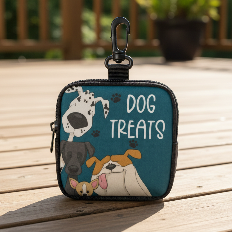 Dog treats pouch with cartoon dog faces and paw prints, outdoor deck background