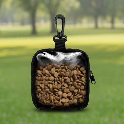 Portable pet treat pouch with zipper and clip, filled with kibble, outdoors on grass
