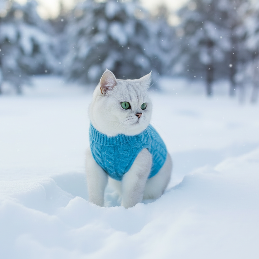 White cat in blue sweater sitting in snow, winter pet clothes, cute cat accessories
