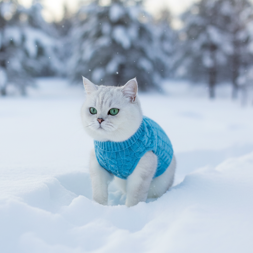 White cat in blue pet sweater sitting in snow, winter outdoor pet clothing, cute cat apparel