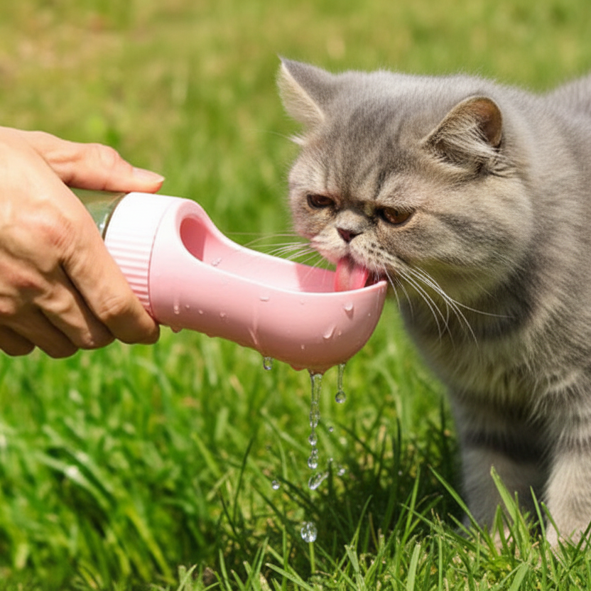 Gray cat drinking water outdoors from a pink portable pet water bottle on grass