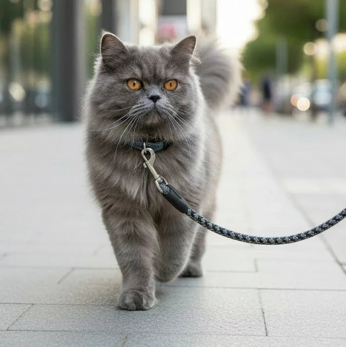 Fluffy grey cat on leash walking outdoors, pet accessories for stylish cats