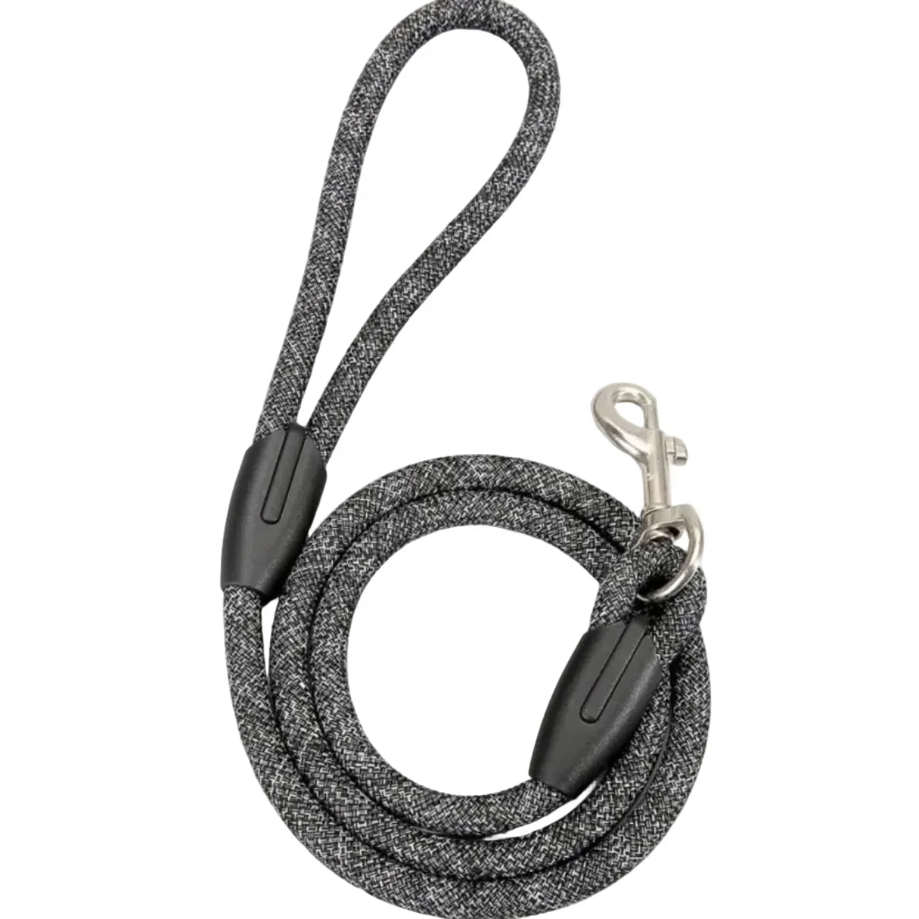 Gray braided rope pet leash with loop handle and metal clasp on white background