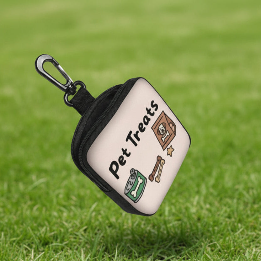 Pet treat pouch with clip, cartoon dog treat illustrations, on green grass background