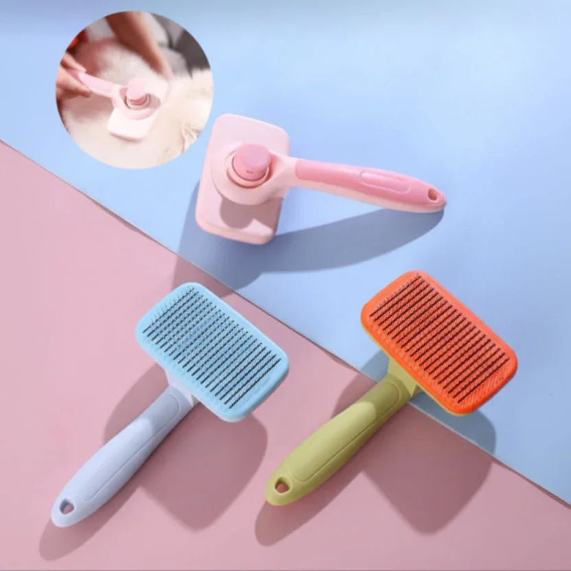 Colorful pet grooming brushes with soft bristles on pastel backgrounds, ideal for fur care