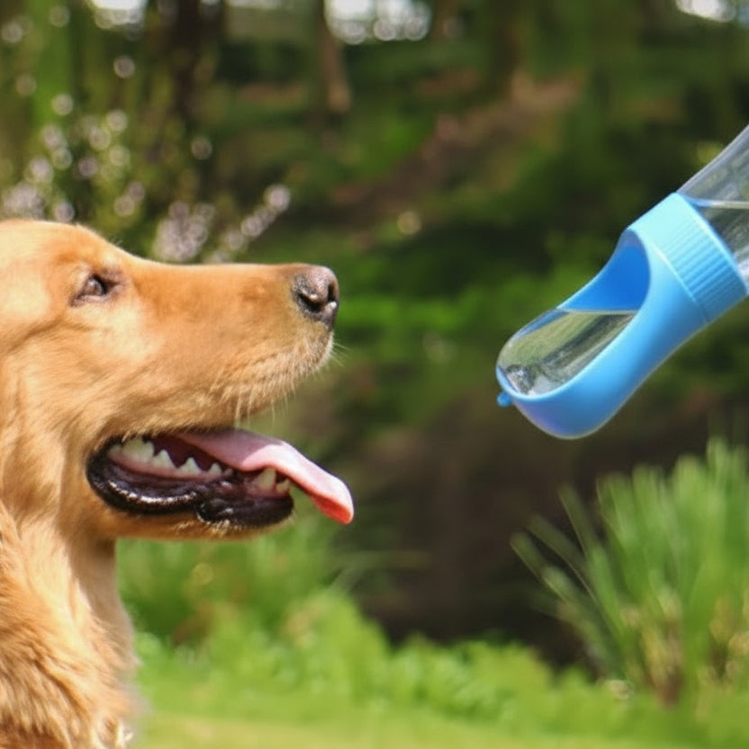 Golden retriever outdoors with portable pet water bottle for dogs