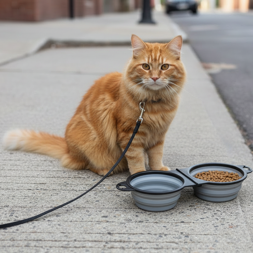 Orange tabby cat on leash next to portable pet bowls with food and water outdoors